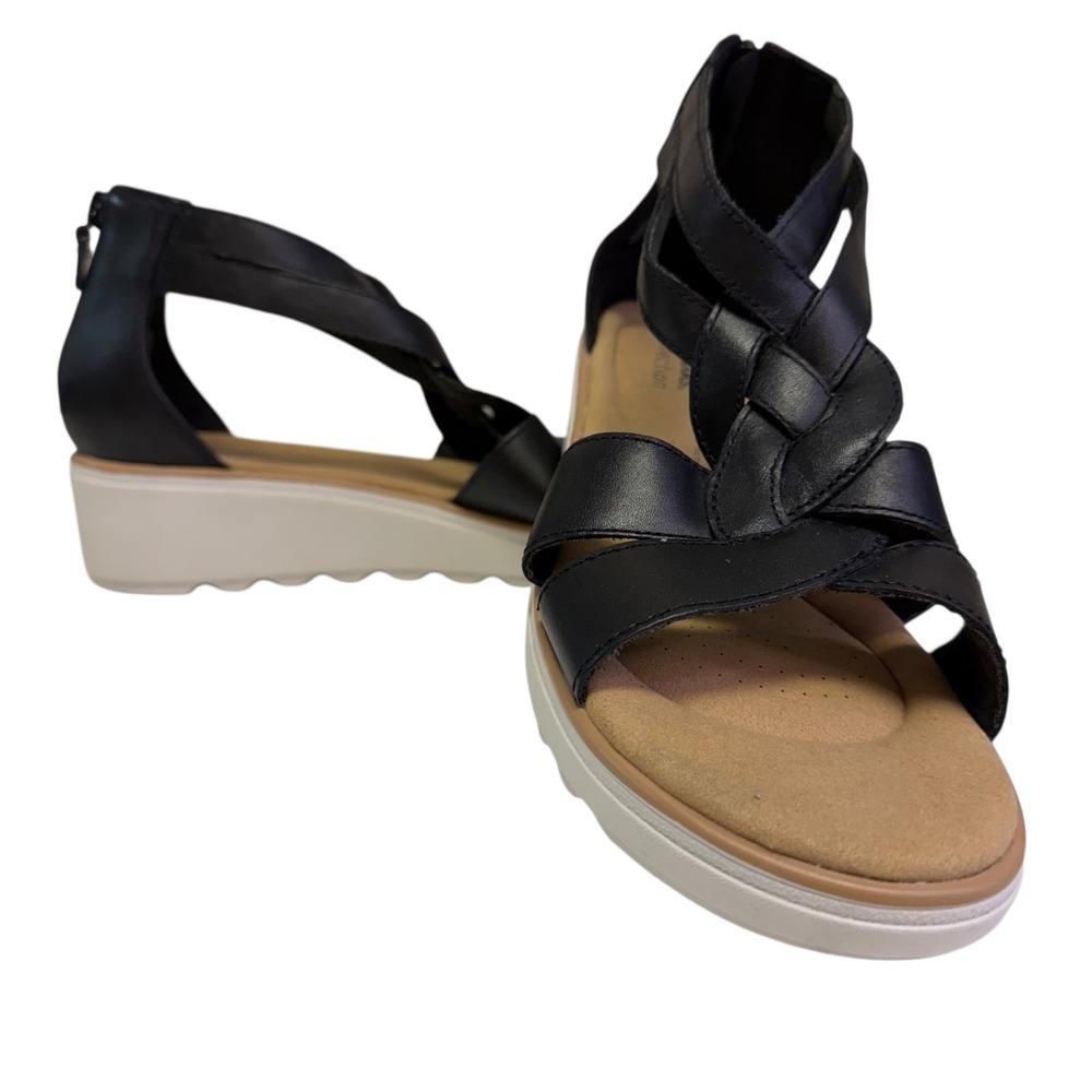 Clarks Jillian Bright Black Leather Braided Wedge‎ Platform Sandals  Size 8